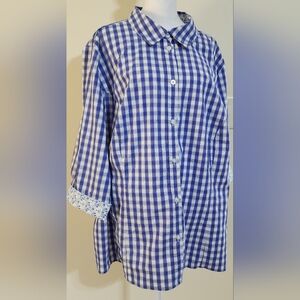 Basic Editions Blue Checkered with Paisley Cuffs Blouse Women's 3X